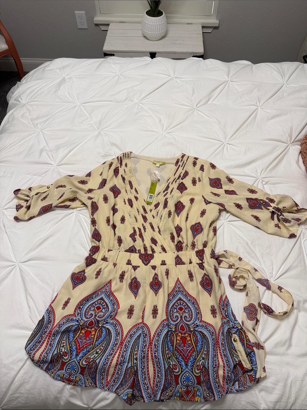 Cream Paisley Wrap Mini Romper With Red & Blue Accents